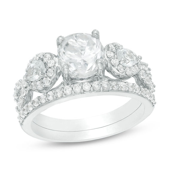 Lab-Created White Sapphire and 0.45 CT. T.W. Diamond Twist Bridal Set in 10K White Gold