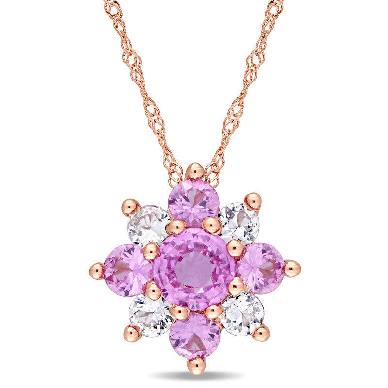Pink and White Sapphire Flower Pendant in 14K Rose Gold - 17