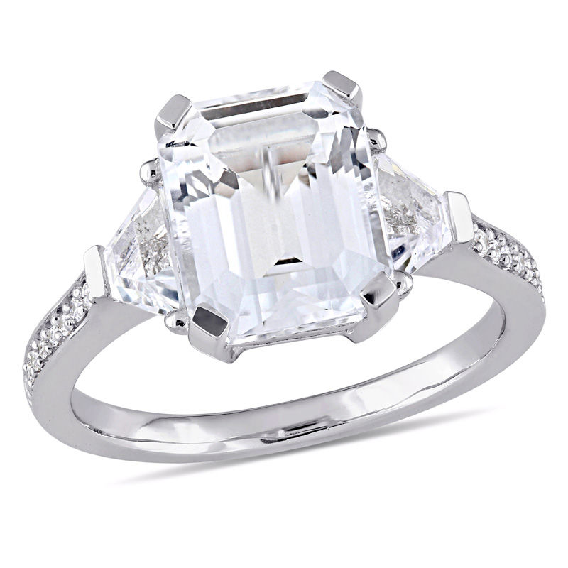 Emerald-Cut White Topaz and 0.07 CT. T.W. Diamond Three Stone Ring in Sterling Silver
