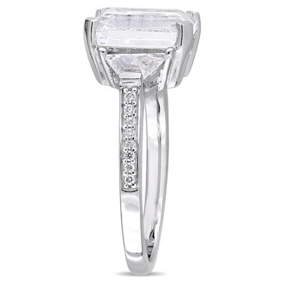 Emerald-Cut White Topaz and 0.07 CT. T.W. Diamond Three Stone Ring in Sterling Silver