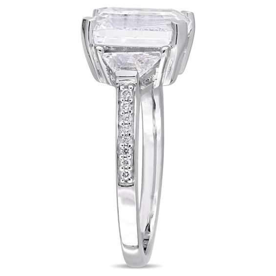 Emerald-Cut White Topaz and 0.07 CT. T.W. Diamond Three Stone Ring in Sterling Silver