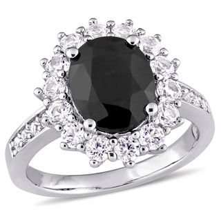 Oval Black Sapphire and Lab-Created White Sapphire Frame Ring in Sterling Silver