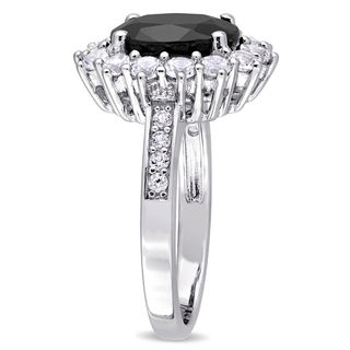 Oval Black Sapphire and Lab-Created White Sapphire Frame Ring in Sterling Silver