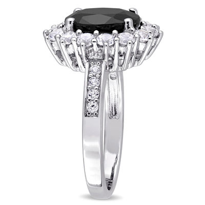 Oval Black Sapphire and Lab-Created White Sapphire Frame Ring in Sterling Silver