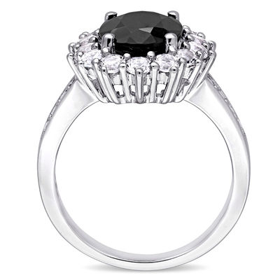 Oval Black Sapphire and Lab-Created White Sapphire Frame Ring in Sterling Silver