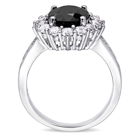 Oval Black Sapphire and Lab-Created White Sapphire Frame Ring in Sterling Silver