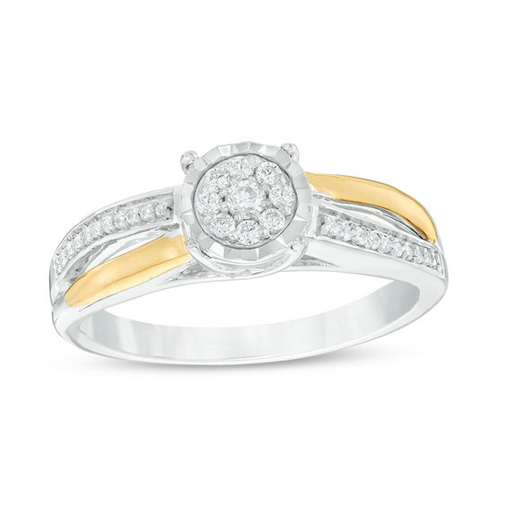 0.146 CT. T.W. Diamond Frame Split Shank Promise Ring in Sterling Silver and 10K Gold