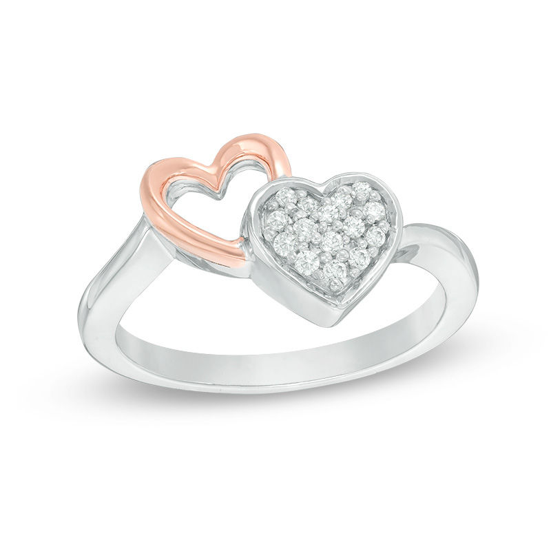 0.085 CT. T.W. Diamond Double Heart Ring in Sterling Silver and 10K Rose Gold|Peoples Jewellers