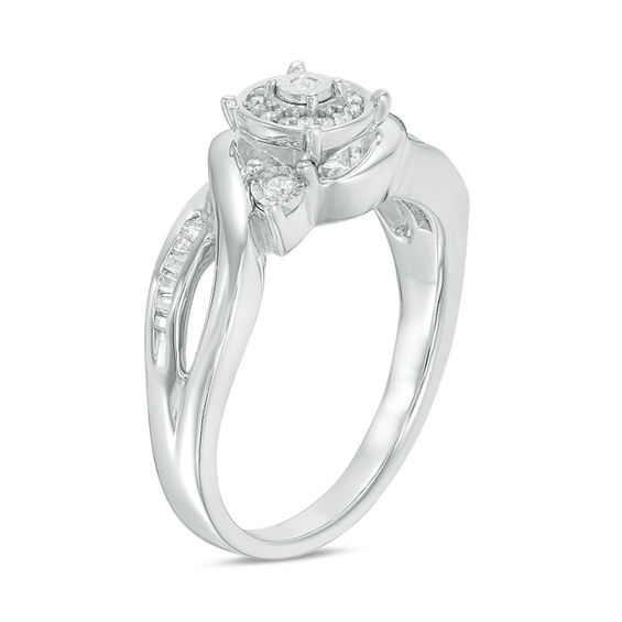 0.115 CT. T.W. Baguette and Round Diamond Frame Bypass Promise Ring in Sterling Silver