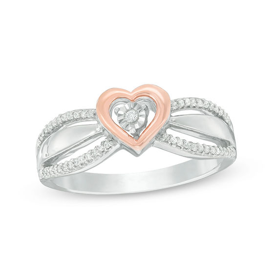 0.086 CT. T.W. Diamond Heart Frame Promise Ring in Sterling Silver and 10K Rose Gold