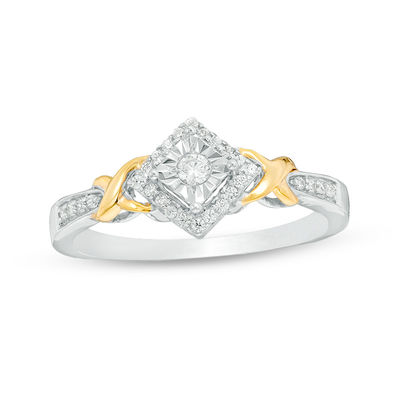 0.145 CT. T.W. Diamond Tilted Square Frame "X" Sides Promise Ring in 10K Two-Tone Gold