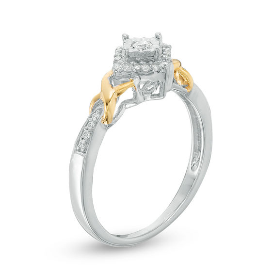 0.145 CT. T.W. Diamond Tilted Square Frame "X" Sides Promise Ring in 10K Two-Tone Gold