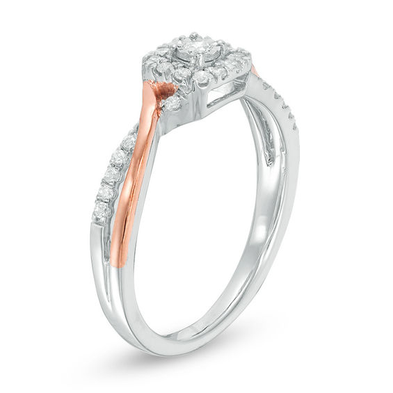 0.18 CT. T.W. Diamond Cushion Frame Promise Ring in Sterling Silver and 10K Rose Gold