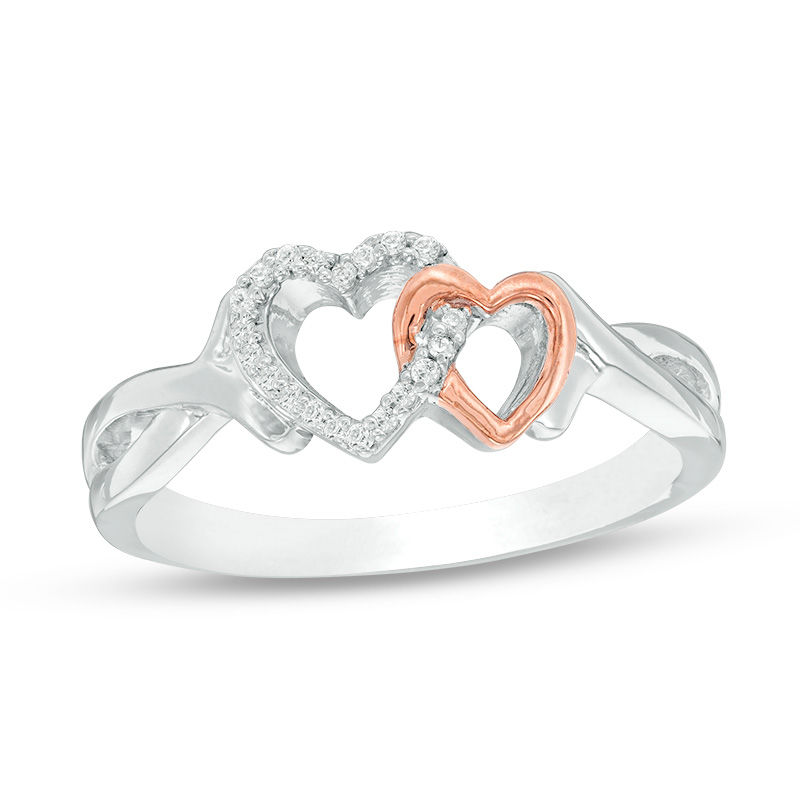 0.04 CT. T.W. Diamond Interlocking Double Heart Ring in Sterling Silver and 10K Rose Gold|Peoples Jewellers