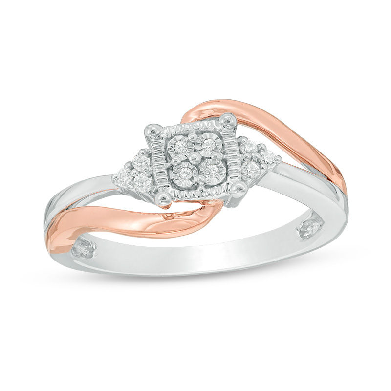 0.115 CT. T.W. Diamond Cushion Frame Tri-Sides Bypass Promise Ring in Sterling Silver and 10K Rose Gold