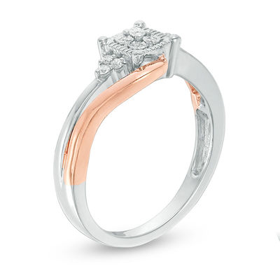 0.115 CT. T.W. Diamond Cushion Frame Tri-Sides Bypass Promise Ring in Sterling Silver and 10K Rose Gold