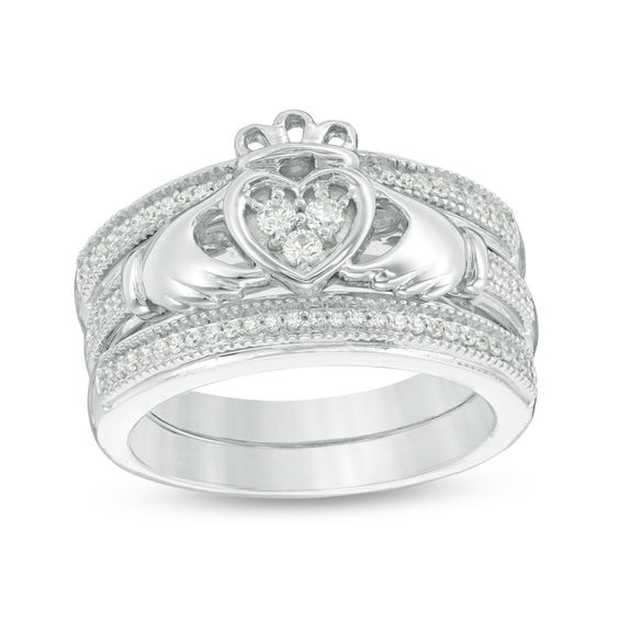 0.23 CT. T.W. Diamond Claddagh Vintage Style Three Piece Bridal