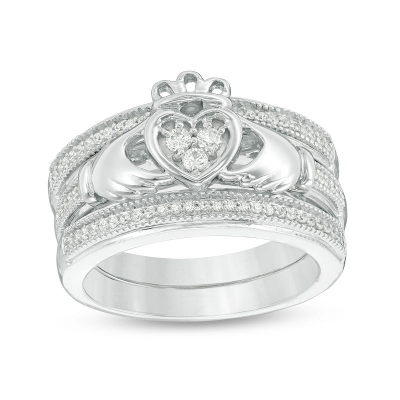 0.23 CT. T.W. Diamond Claddagh Vintage-Style Three Piece Bridal Set in Sterling Silver|Peoples Jewellers