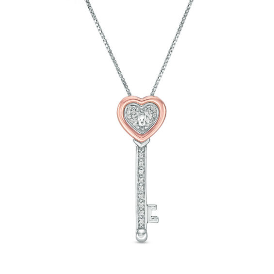 Convertibilities 0.05 CT. T.W. Diamond Heart-Top Key and Lock Three-in-One Pendant in Sterling Silver and 10K Rose Gold