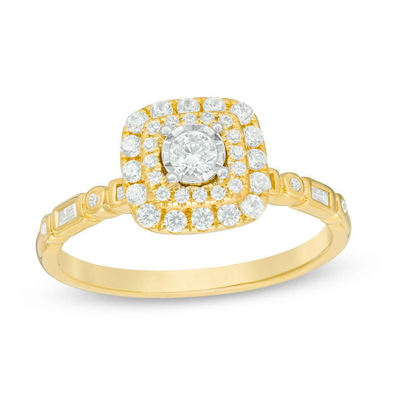 0.45 CT. T.W. Diamond Double Cushion Frame Art Deco Shank Engagement Ring in 14K Gold|Peoples Jewellers