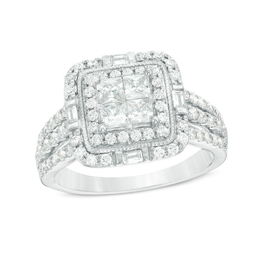 1.25 CT. T.W. Quad Princess-Cut Diamond Double Frame Vintage-Style Engagement Ring in 14K White Gold