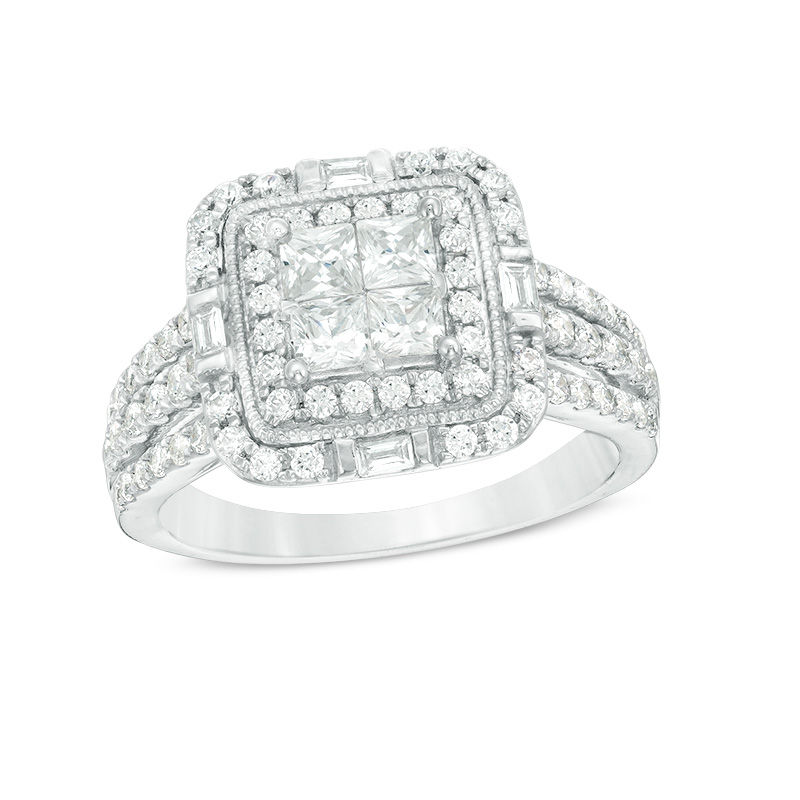1.25 CT. T.W. Quad Princess-Cut Diamond Double Frame Vintage-Style Engagement Ring in 14K White Gold|Peoples Jewellers