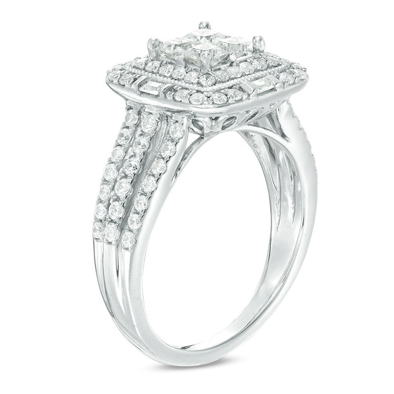 1.25 CT. T.W. Quad Princess-Cut Diamond Double Frame Vintage-Style Engagement Ring in 14K White Gold