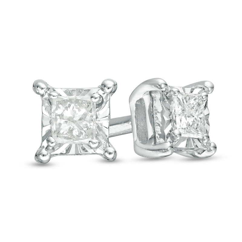 0.10 CT. T.W. Princess-Cut Diamond Solitaire Stud Earrings in Sterling Silver|Peoples Jewellers