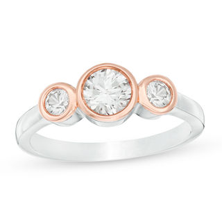 Lab-Created White Sapphire Three Stone Ring in Sterling Silver and 10K Rose Gold