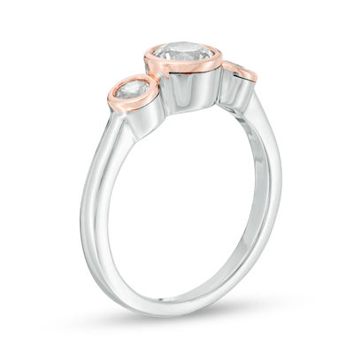 Lab-Created White Sapphire Three Stone Ring in Sterling Silver and 10K Rose Gold