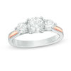 Lab-Created White Sapphire Three Stone Ring in Sterling Silver and 10K Rose Gold