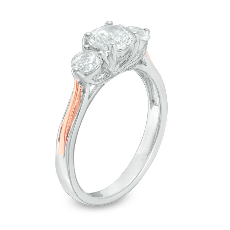 Lab-Created White Sapphire Three Stone Ring in Sterling Silver and 10K Rose Gold|Peoples Jewellers