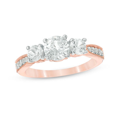 Lab-Created White Sapphire Three Stone Engagement Ring in 10K Rose Gold