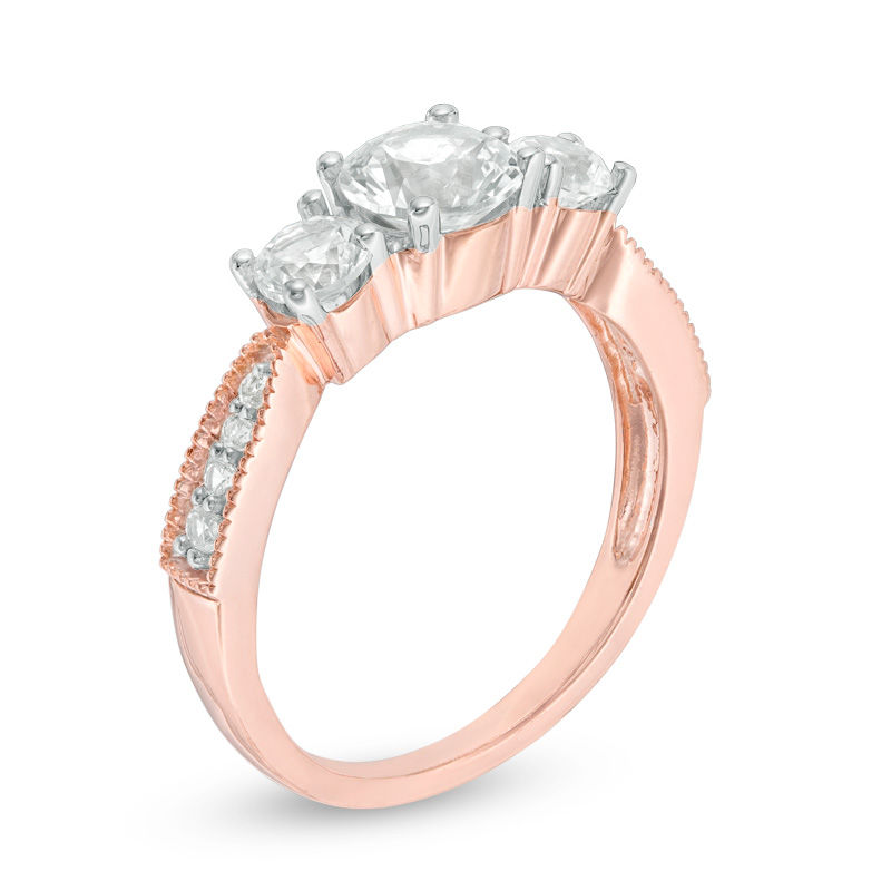 Lab-Created White Sapphire Three Stone Engagement Ring in 10K Rose Gold|Peoples Jewellers