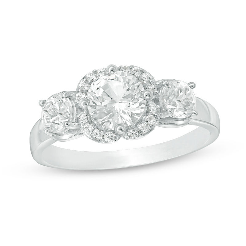 Lab-Created White Sapphire Three Stone Flower Frame Engagement Ring in 10K White Gold|Peoples Jewellers