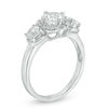 Lab-Created White Sapphire Three Stone Flower Frame Engagement Ring in 10K White Gold