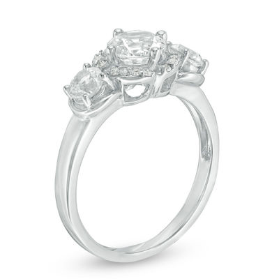 Lab-Created White Sapphire Three Stone Flower Frame Engagement Ring in 10K White Gold