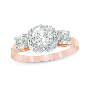 Lab-Created White Sapphire Three Stone Flower Frame Engagement Ring in 10K Rose Gold