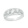 Thumbnail Image 0 of Lab-Created White Sapphire Three Stone Split Shank Engagement Ring in Sterling Silver