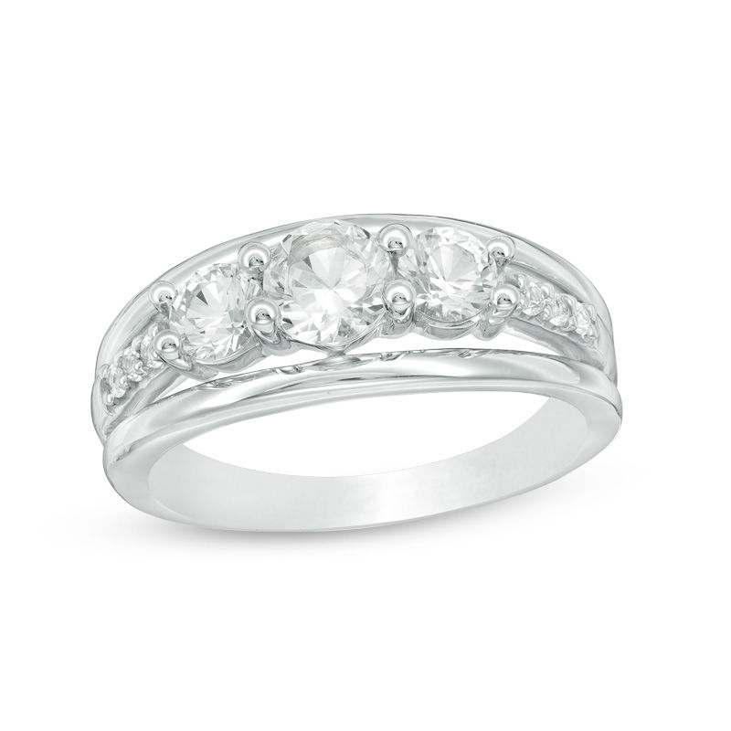 Lab-Created White Sapphire Three Stone Split Shank Engagement Ring in Sterling Silver|Peoples Jewellers