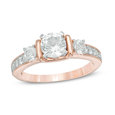 Lab-Created White Sapphire Three Stone Collar Engagement Ring in Sterling Silver with 14K Rose Gold Plate