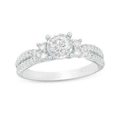 0.95 CT. T.W. Diamond Tri-Sides Double Row Engagement Ring in 14K White Gold