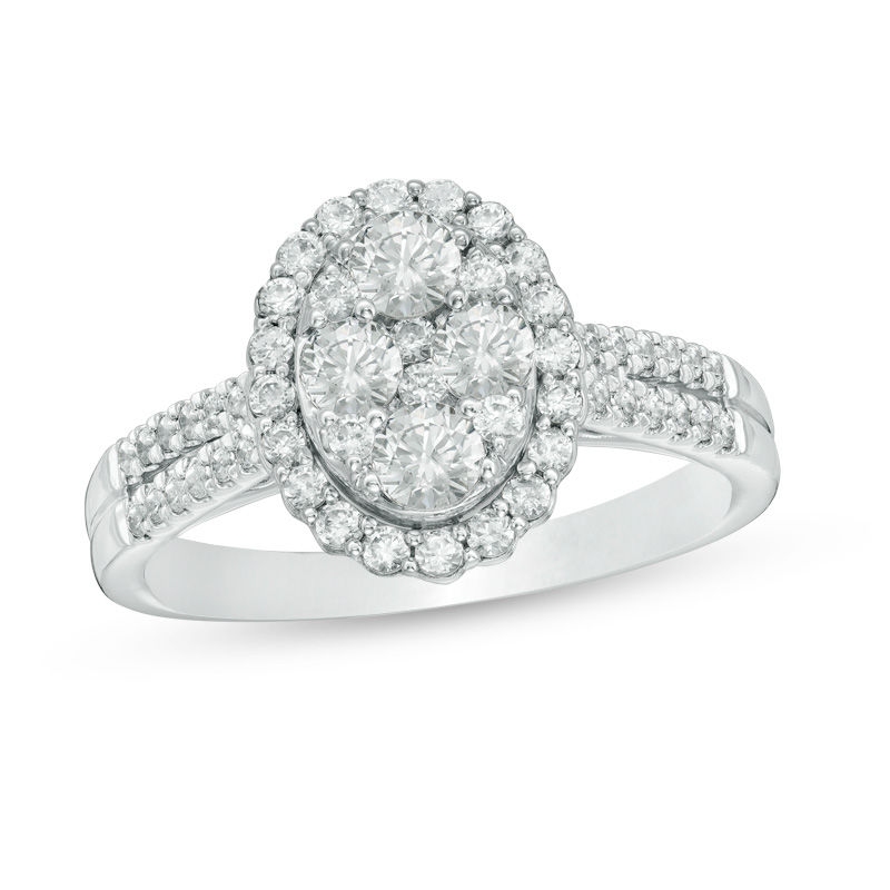 Main Image 1 of 1.00 CT. T.W. Composite Diamond Oval Frame Engagement Ring in 14K White Gold