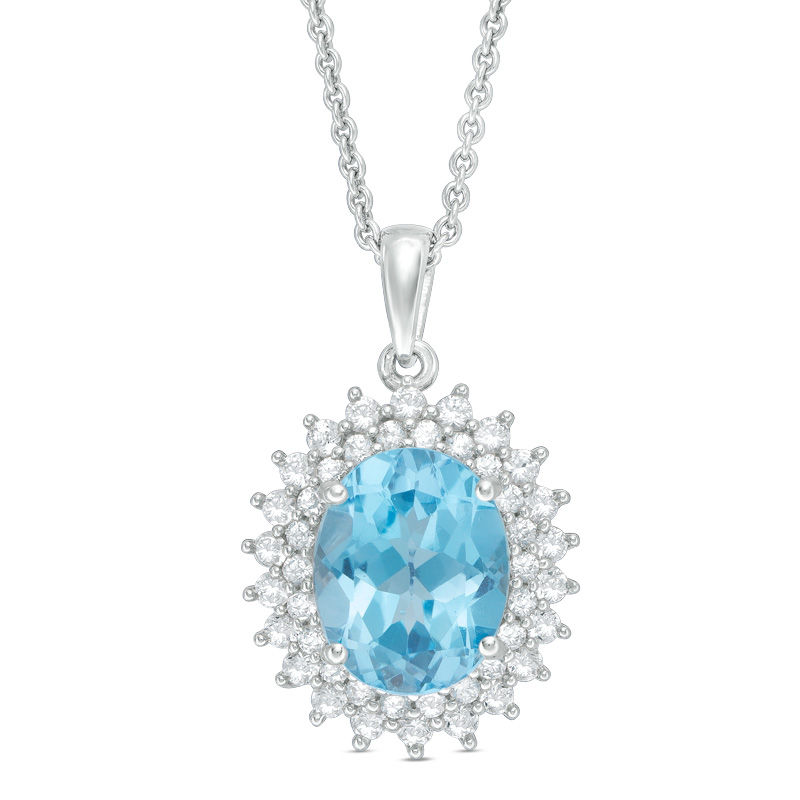 Oval Swiss Blue Topaz and Lab-Created White Sapphire Sunburst Frame Pendant in Sterling Silver|Peoples Jewellers