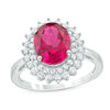 Thumbnail Image 0 of Oval Lab-Created Ruby and White Sapphire Sunburst Frame Ring in Sterling Silver