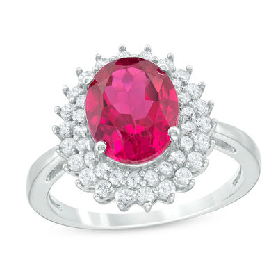 Oval Lab-Created Ruby and White Sapphire Sunburst Frame Ring in Sterling Silver