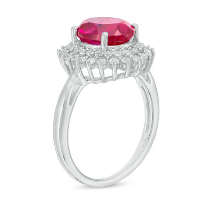 Oval Lab-Created Ruby and White Sapphire Sunburst Frame Ring in Sterling Silver