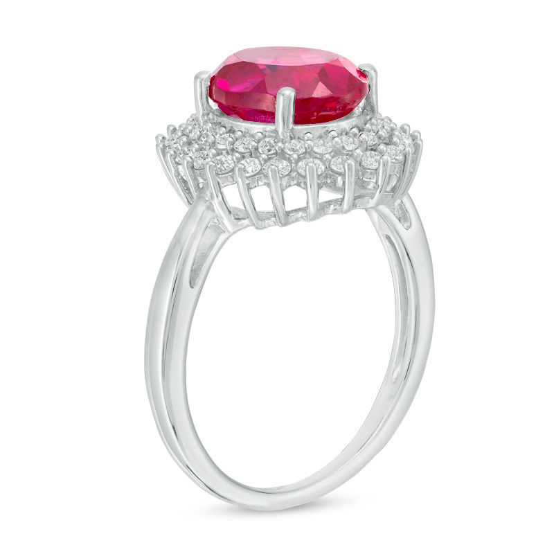 Oval Lab-Created Ruby and White Sapphire Sunburst Frame Ring in Sterling Silver|Peoples Jewellers