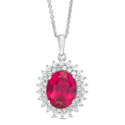 Oval Lab-Created Ruby and White Sapphire Sunburst Frame Pendant in Sterling Silver