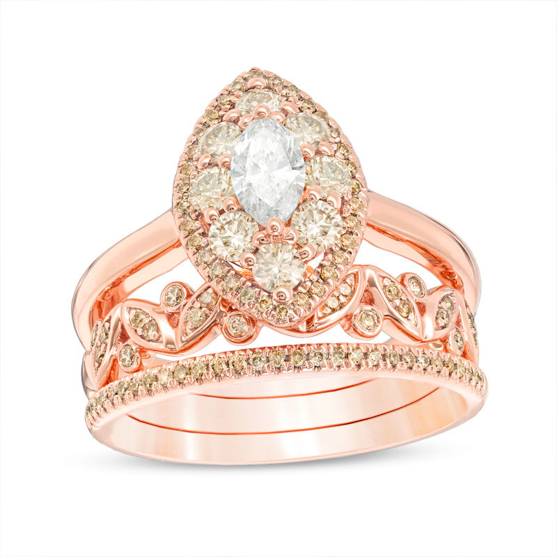 Main Image 1 of 1.14 CT. T.W. Champagne and White Diamond Double Frame Vine Three Piece Bridal Set in 10K Rose Gold - Size 7